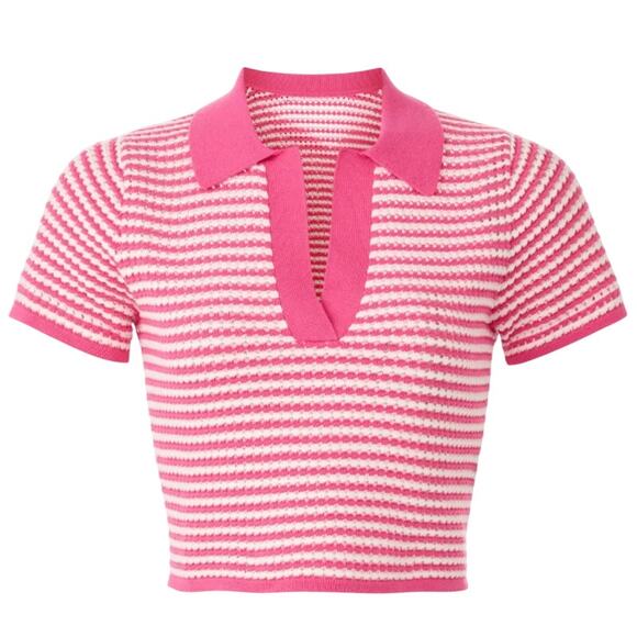 Derek Lam White Pink Polo Crop Top SMALL Baby Tee Striped Designer Preppy $220 - Picture 7 of 10